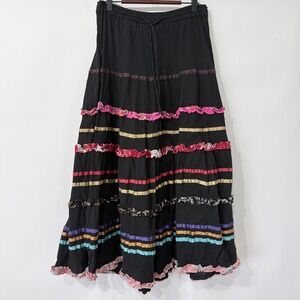 Channa Black Tiered Gauzy Maxi Skirt Free Size Ruffled Colorful Striped Boho